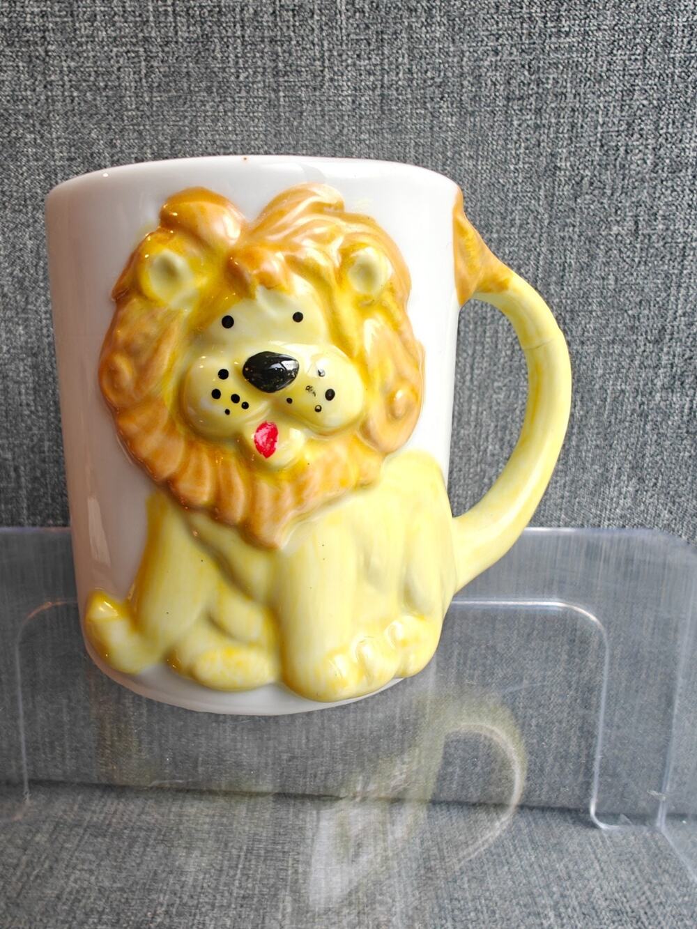 Vintage JSNY 3D Lion Ceramic Mug Hand Painted Taiwan Animal Cup Retro Kitsch